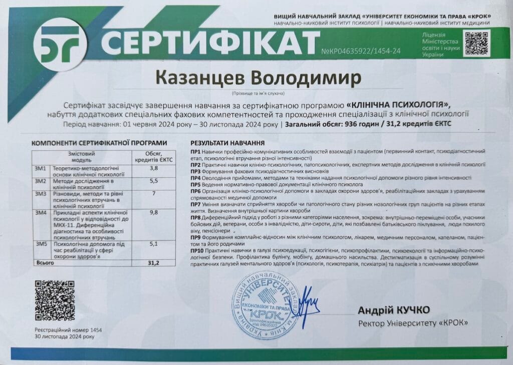 Сертифікат клінічного психолога